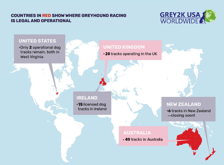 Worldwide map where greyhound racing is legal and operational