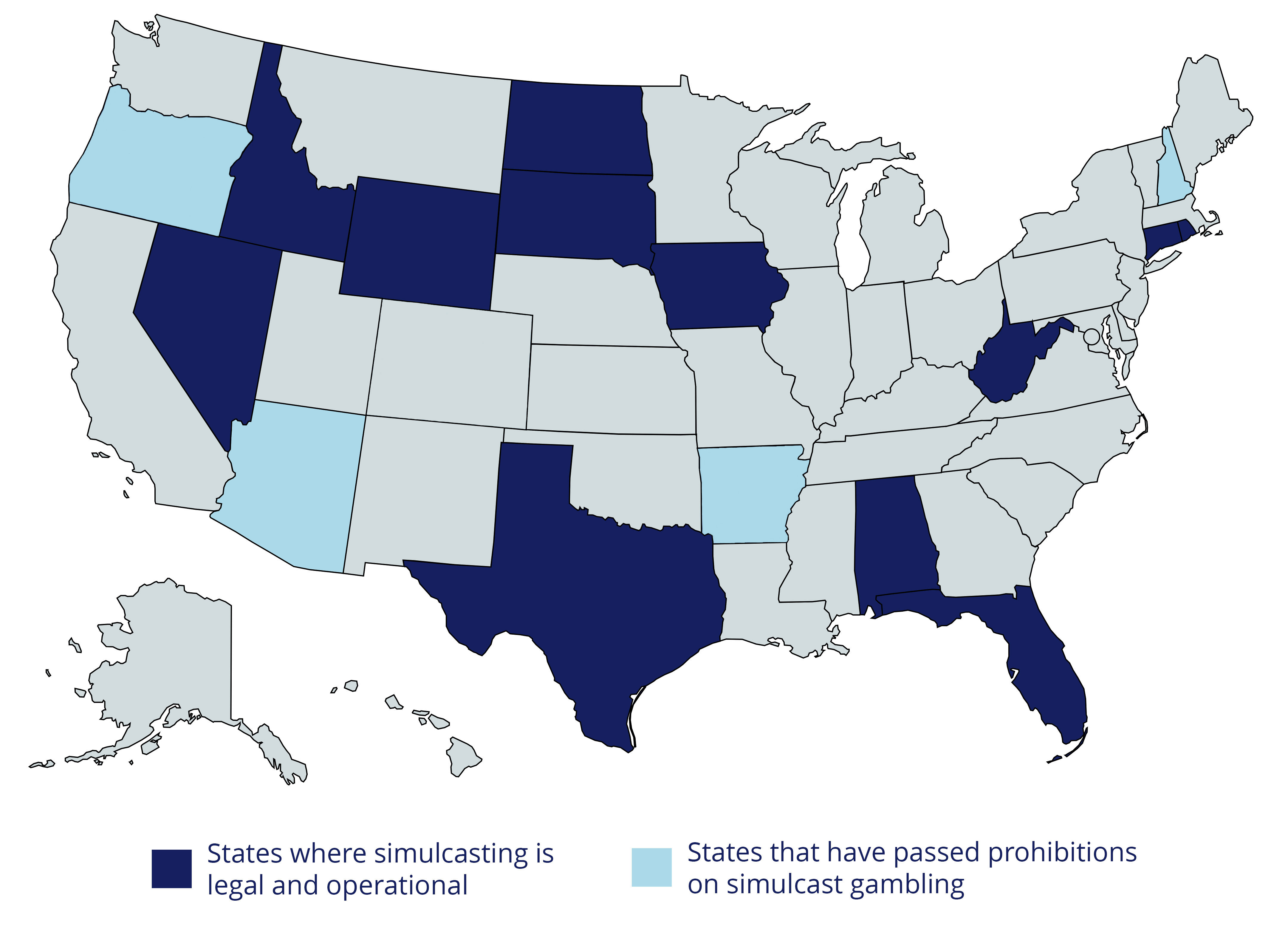 Map of the United States that shows where greyhound gambling is legal and which states have passed prohibitions