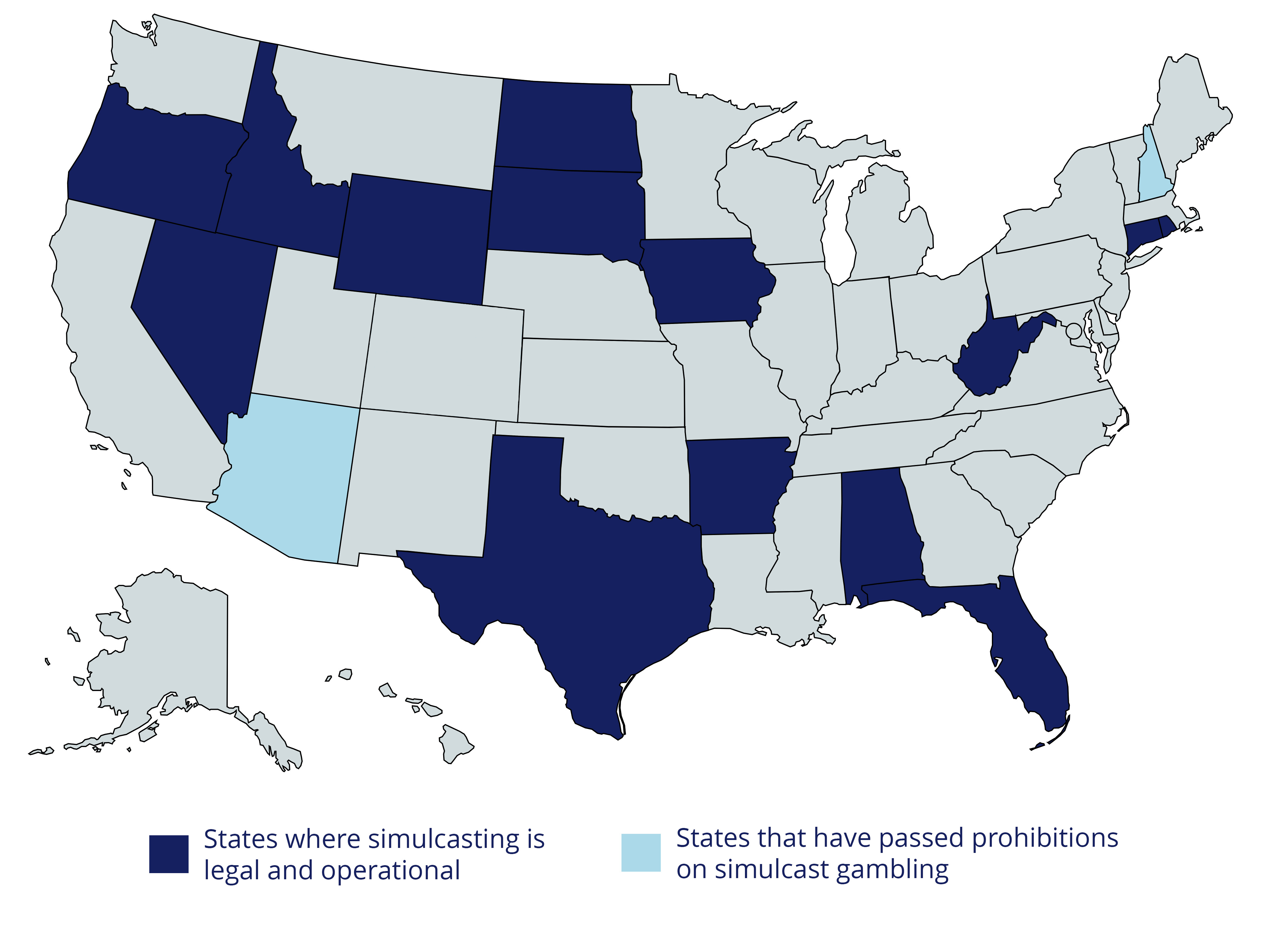 Map of the United States that shows where greyhound gambling is legal and which states have passed prohibitions